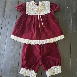 JoLene Vintage Baby Girl 18 Months Dark Red Burgundy Velvet Two Piece Outfit 90s